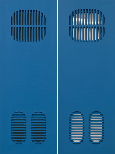 Vanna Nicolotti | Struttura Azzurra - Porta n.7 | tela intagliata e dipinta, metallo anodizzato e speculare, dittico 185x130 cm, 2014