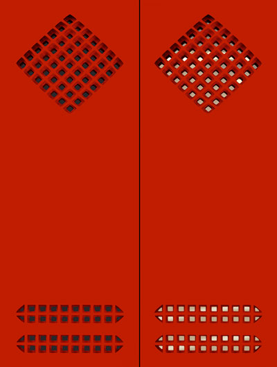 Vanna Nicolotti | Struttura rossa - Porta n. 8 | tela intagliata e dipinta, metallo anodizzato e speculare, dittico 185x130 cm, 2014